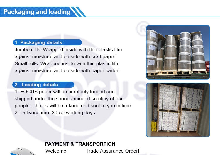 Rollo enorme de papel termal de la marca del foco; Proyección de imagen azul Imaging45GSM/48GSM/55GSM/58GSM/60GSM/65GSM/70GSM/80 negro G/M